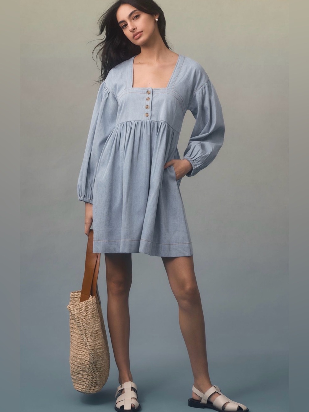 Anthropologie Long-Sleeve Square-Neck
Denim Babydoll Mini Dress